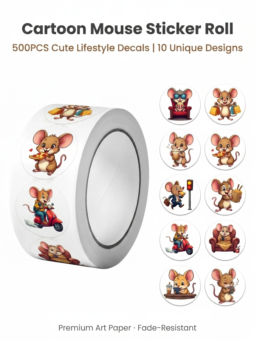 1Roll(500Pcs) Cute City Mouse Happy Life Stickers 2.5cm/1.0" 10 Designs Packaging Home Decor Seal LabelsDecals Diy Adorn Gifts