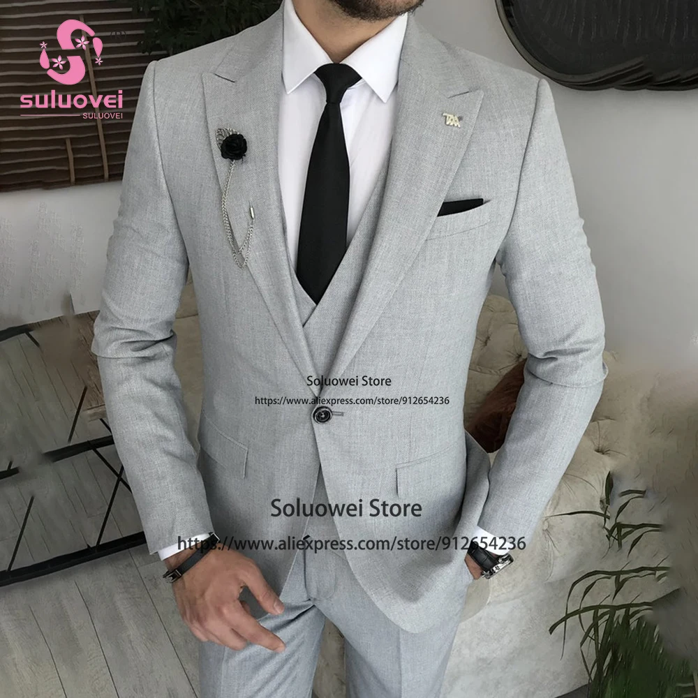 Fashion Suits For Men Slim Fit 3 Piece Jacket Vest Pants Set Male Business Blazer Formal Groom Wedding Party Peaked Lapel Tuxedo
