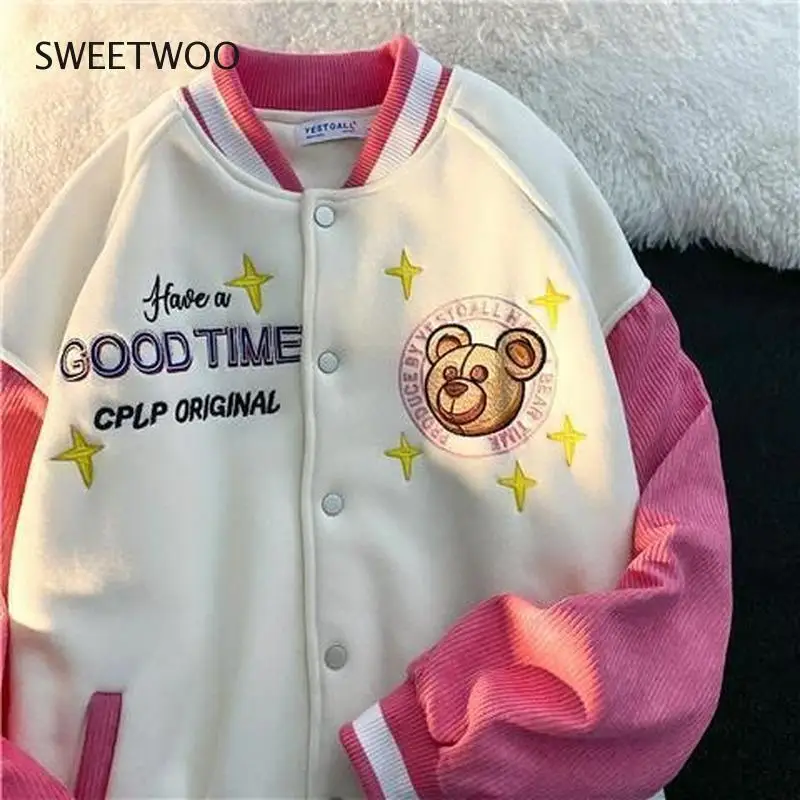 

Vintage Korean Fashion Clothes Top Cute Bear Thick Sweatshirt Women Autumn Oversized Hoodies Tops Baseball Uniform Casual Jacket