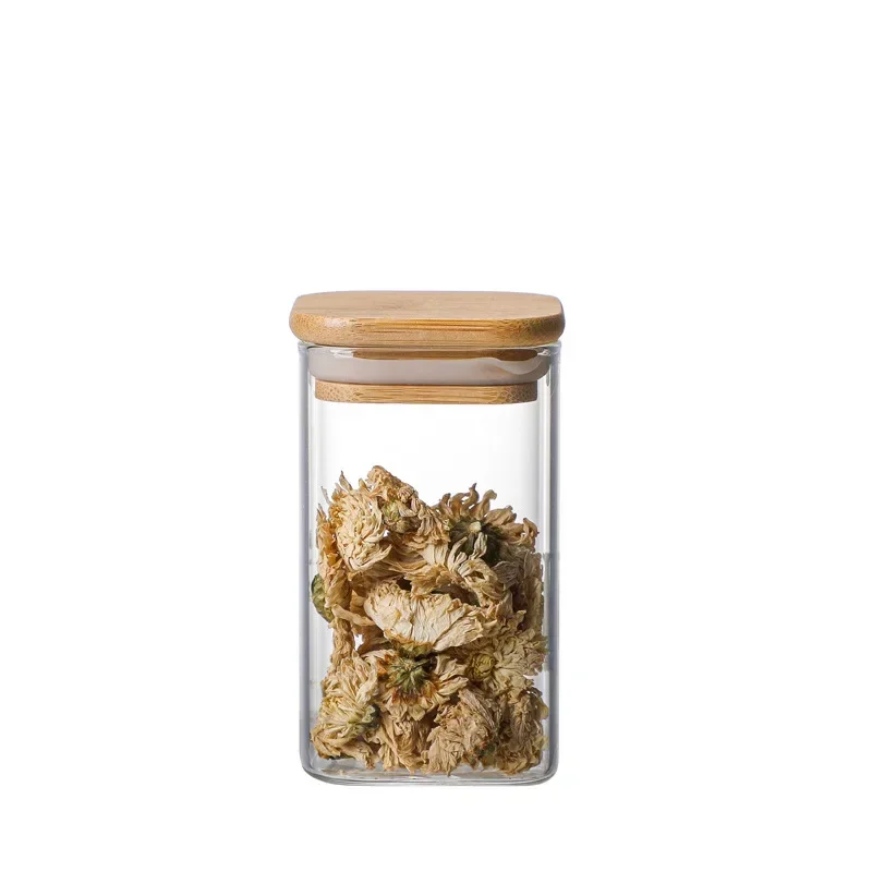 Square bamboo lid sealed transparent glass jar Food tea multi-grain storage jar Coffee storage jar Large capacity spice jar 6