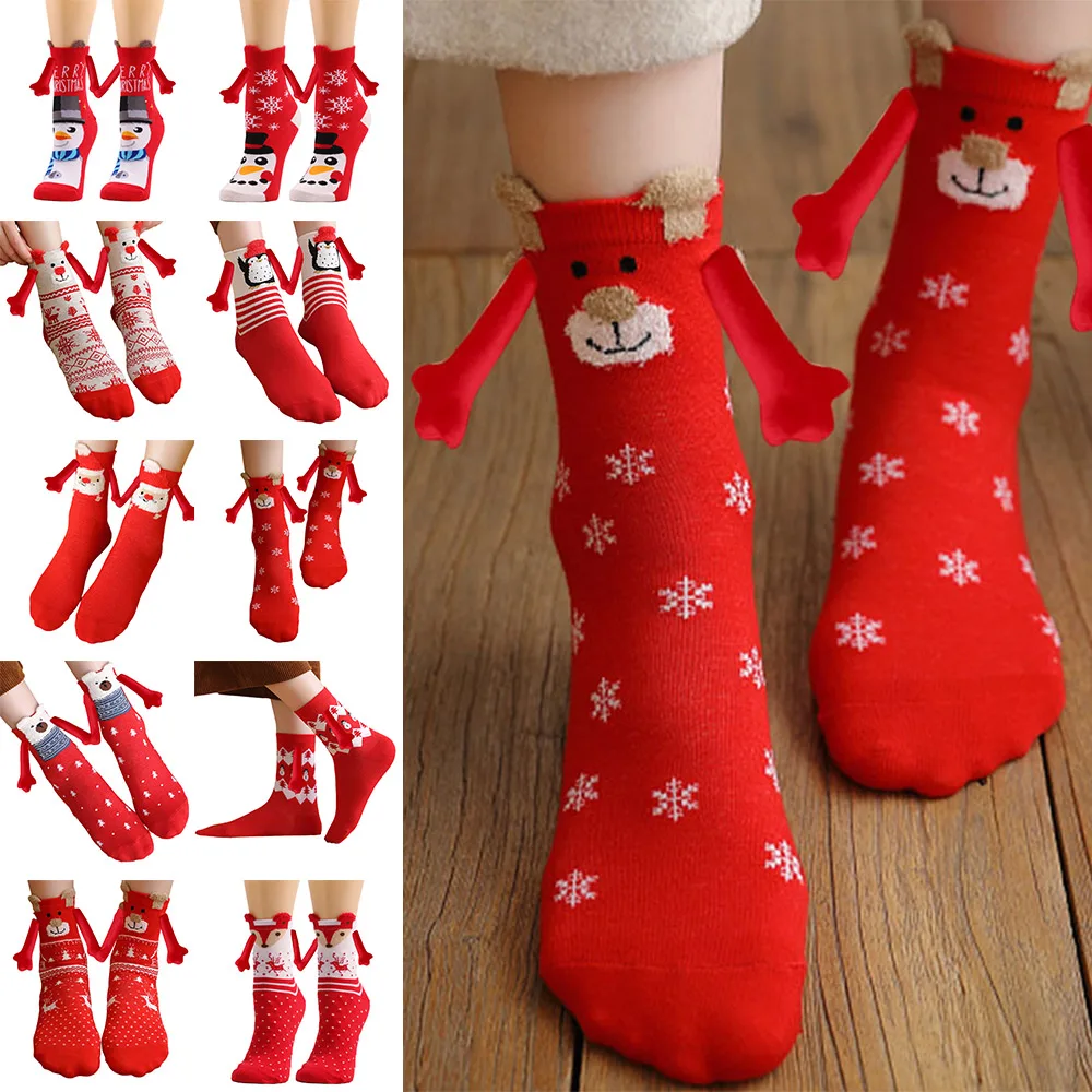 

Polyester Cotton Magnetic Couple Socks Christmas Red Breathable Magnetic Socks Novelty Socks Unisex