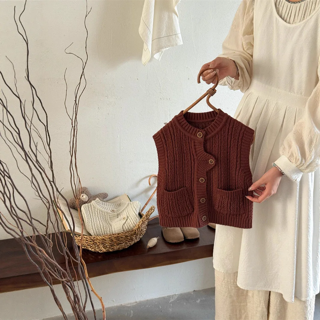 가을  남아용 가디건 코트 솔리드 사이드 포켓  남아용 민소매 아우터웨어 루즈 캐주얼 0-6세 남아용 조끼