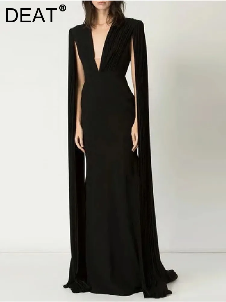 

DEAT Elegant Dress Deep V-neck Zipper Long Sleeve Floor Length Women Customized Evening Dress 2024 Spring New Fashion13DB190