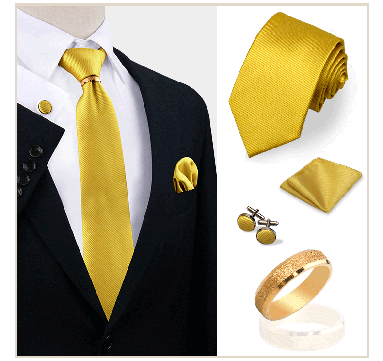 Luxus-Krawattenset in Uni-Farbe für Herren, Krawatte, Taschentuch, Manschettenknöpfe mit goldenem Metallring, Brosche, Anzug, Hochzeit, Herren-Accessoires – Detail 19