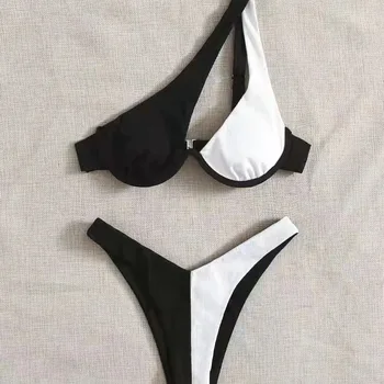 솔리드 패치워크 언더와이어 푸시업 원숄더 컷 아웃 비치웨어, 브라질리언 티팬티 비키니, 럭셔리 투피스, 2024