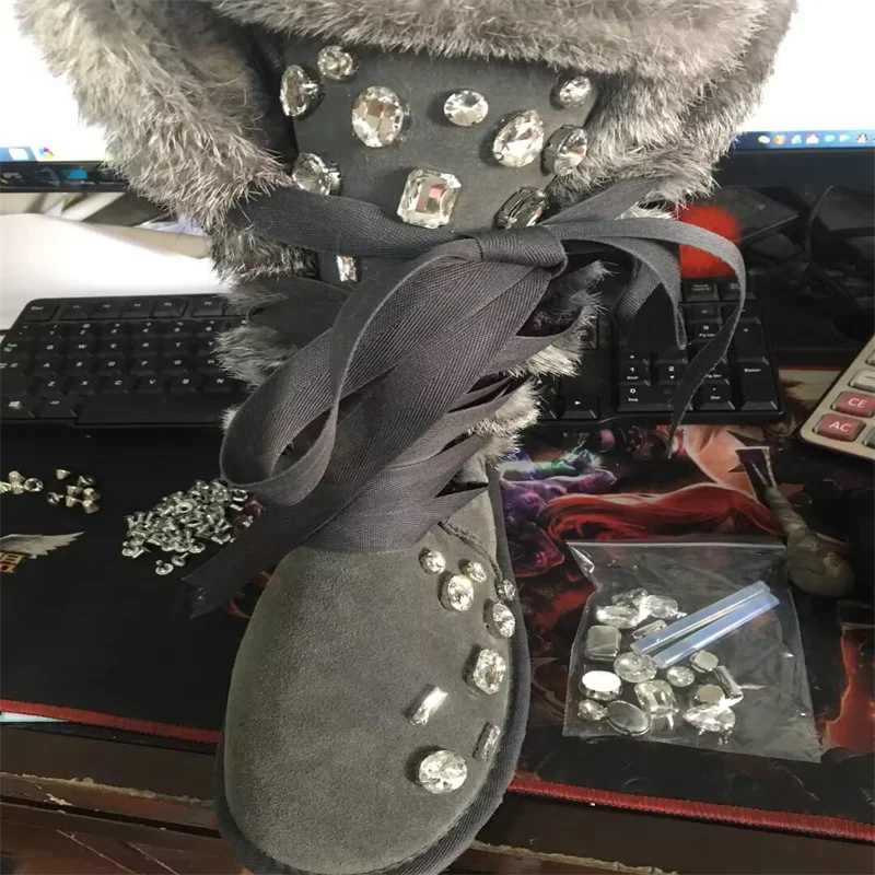 

Rhinestone lace lace-up winter warm fur boots with fleece handmade custom fox hair boots women's large size 35-44