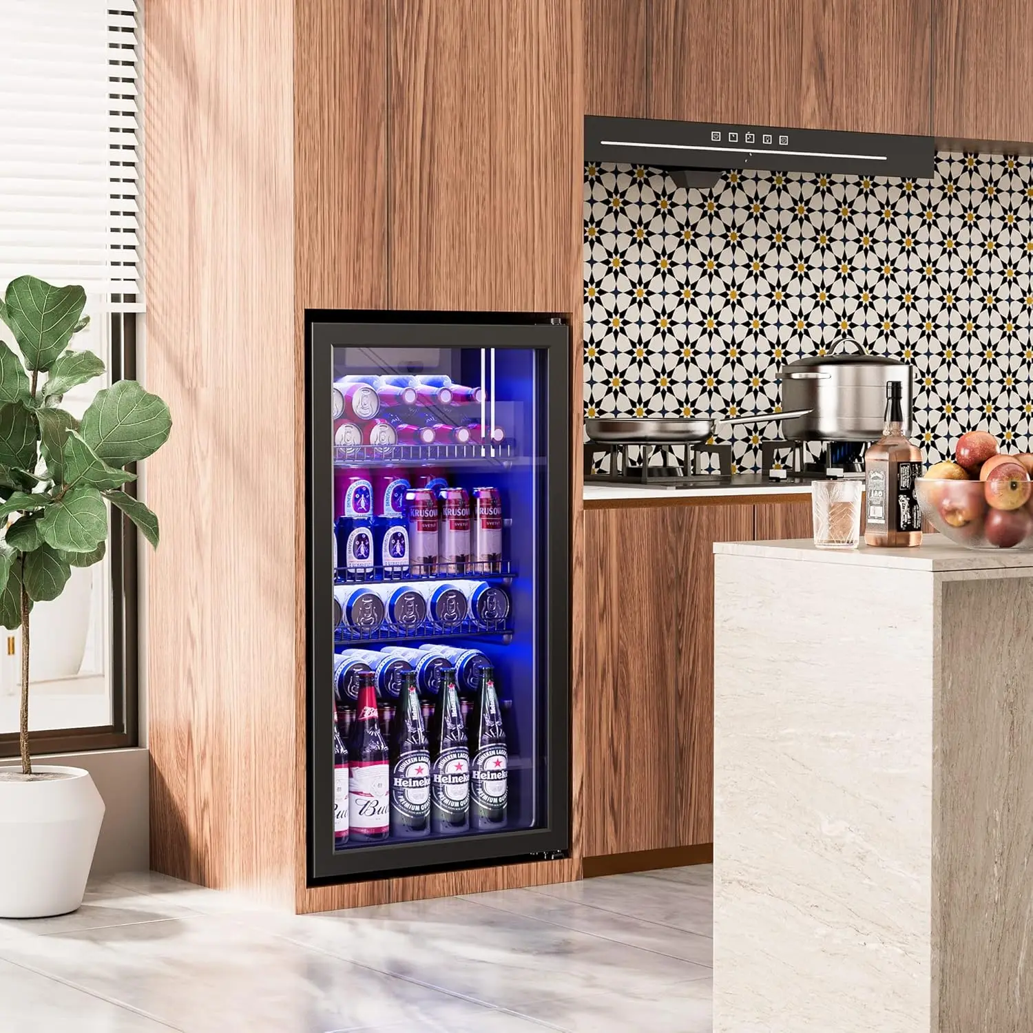 Refrigerator Cooler-120 Cans Freestanding Mini Fridge Cooler with Glass Door, Adjustable Shelves & Digital Temperature Display f