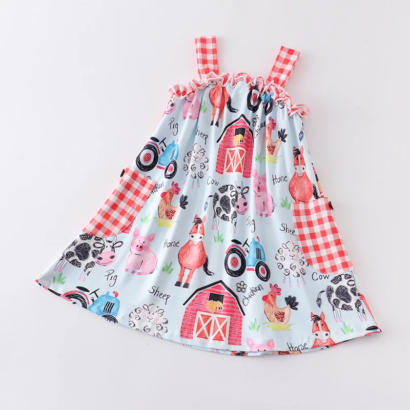 GirlymaxSummerBabyGirlsFarmAnimalsPlaidTwirlDressBoutique