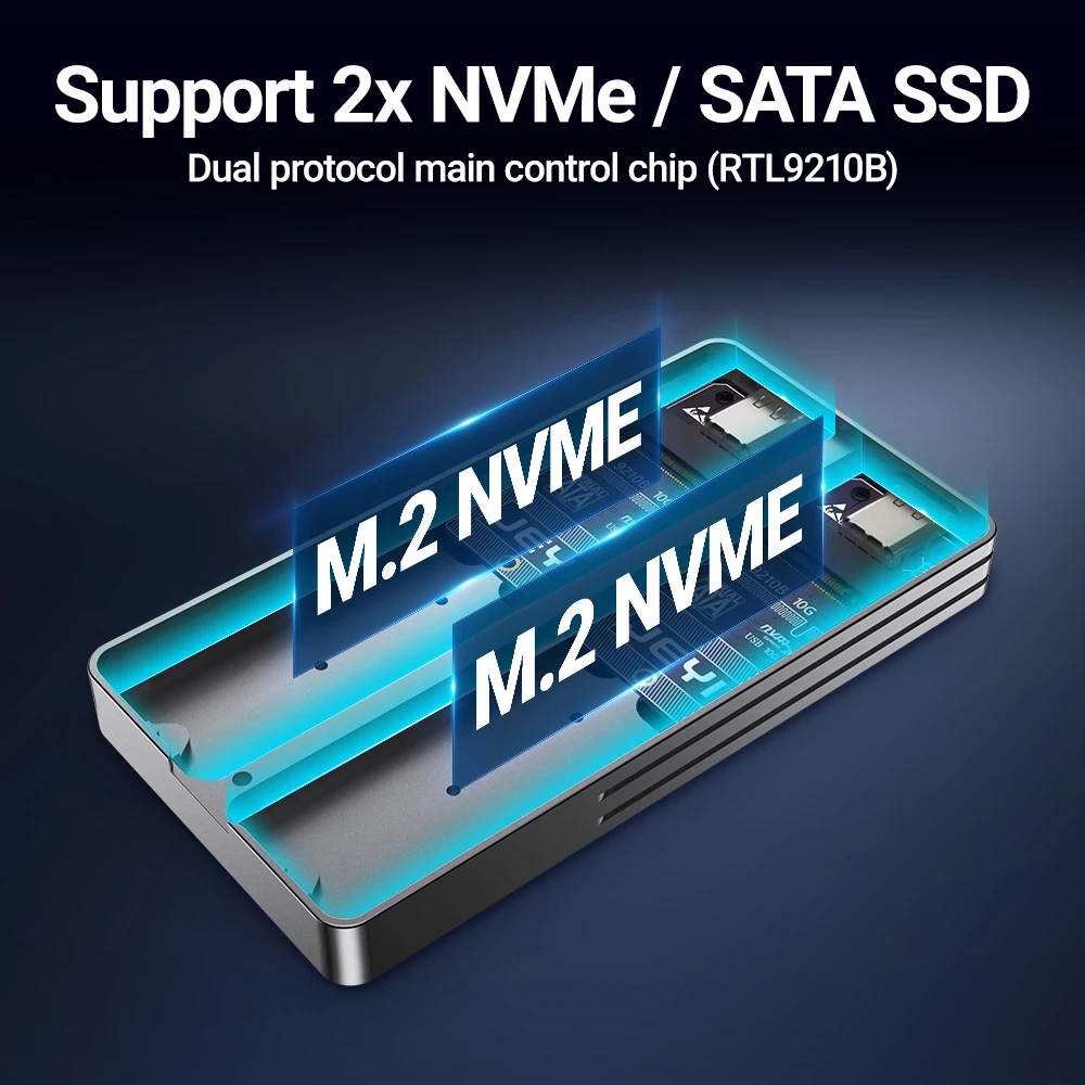 Jeyi-dual Bay M.2 Nvme Sata Ssd Enclosure Usb 3.2 Gen 10gbps Estojo de Alumínio para M.2 Pcie 2280 60 43 30 Ssd Suporte Uasp Trim - Imagem 2
