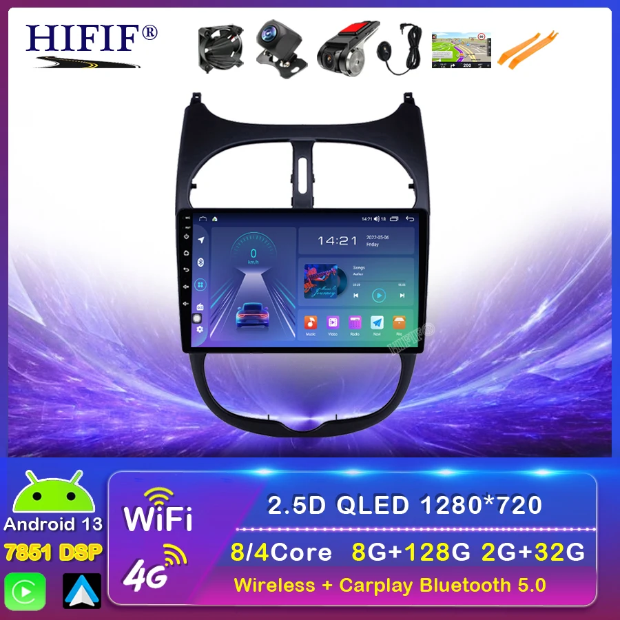 Autoradio Autoradio Per Peugeot 206 2000-2016 Android 13 Autoradio Dvd Stereo Navigazione Gps Carplay Accessori No Single Din