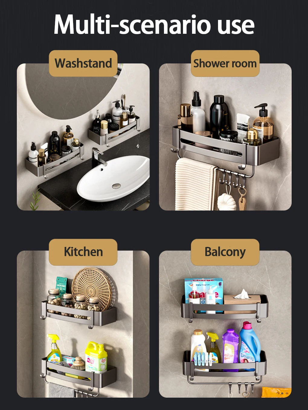 Description Picture 6 of itemBlack Shower Caddy, Metal Shower Shelf Wall Mounted Bathroom Shelves with Hooks, Bathroom Wall Storage Basket, Antirust