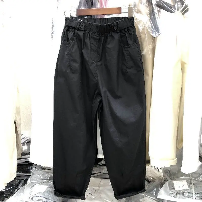 2023 Spring Autumn New Solid Color Elastic Waist Haren Pants Women Korean Style Button Pockets All-match Ankle Length Trousers