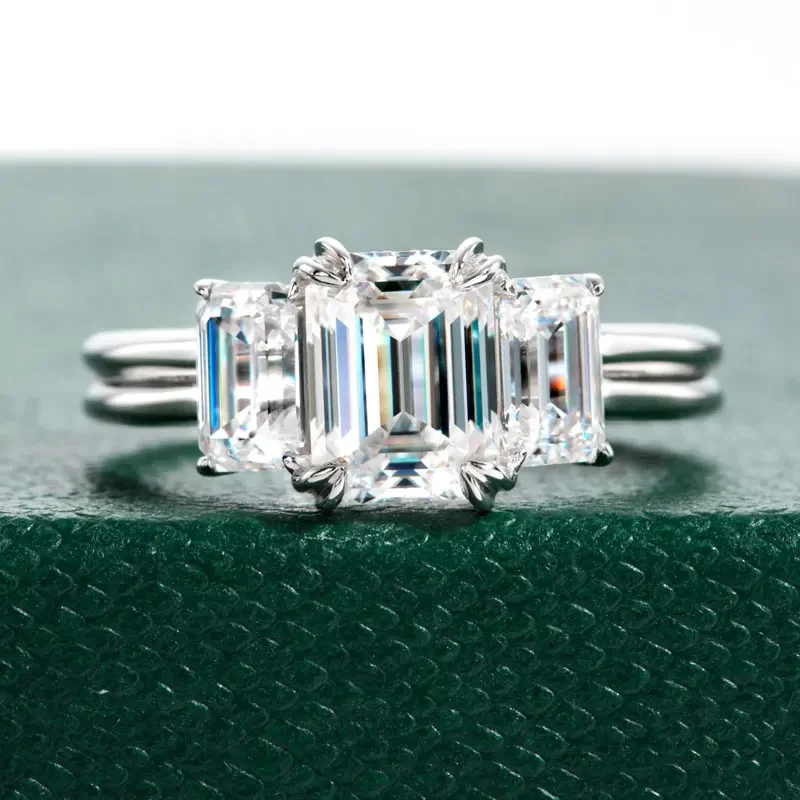 All Moissanite Emerald Cut 3-Stone Engagement Rings For Women Solid 925 Sterling Silver VVS1 D Color Carat Total Weight 3.0ct