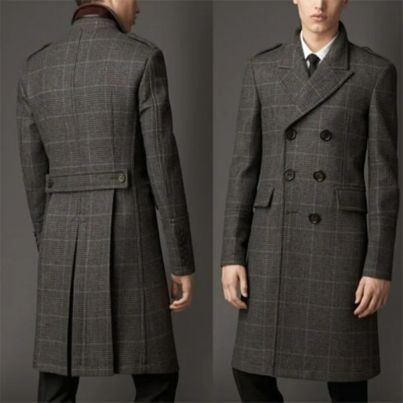 

Dark Long Coat Men Suits Buttons Overcoat Peaked Lapel Formal Plaid Stripe Work Wear Woolen Winter Warm Plus Size Tailored