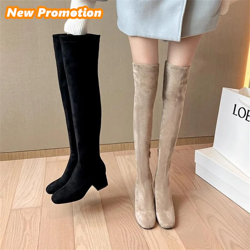 High heeled knee length boots, winter plush elastic boots, khaki thick heeled women's spring and autumn long sleeves