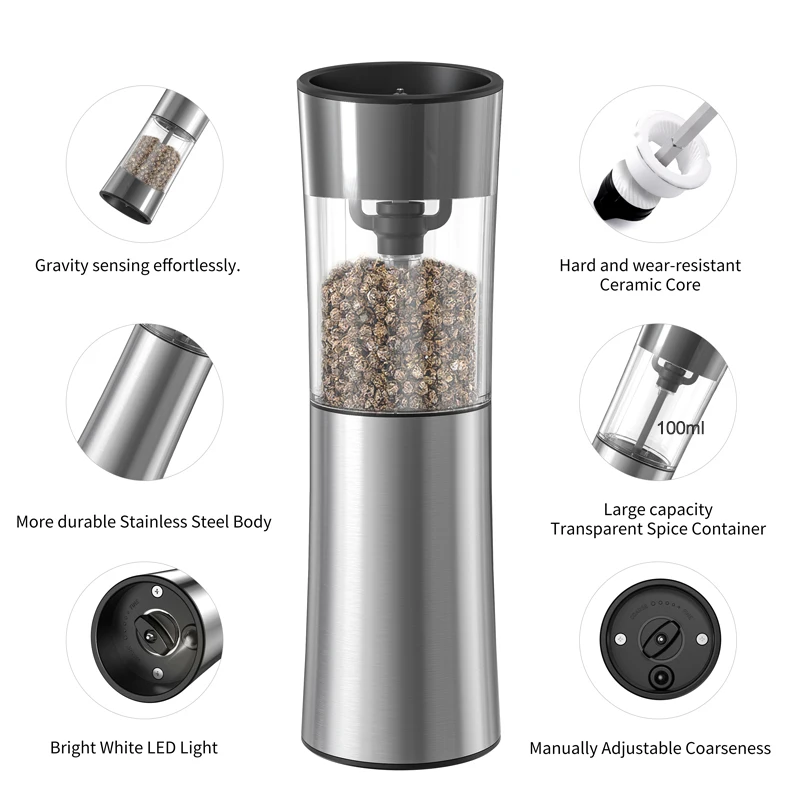 USB Rechargeable Electric Salt and Pepper Grinder Stainless Steel Pepper Grinder Type-C Charging Mills With Storage Base electric grinder salt and pepper grinder pepper grinder