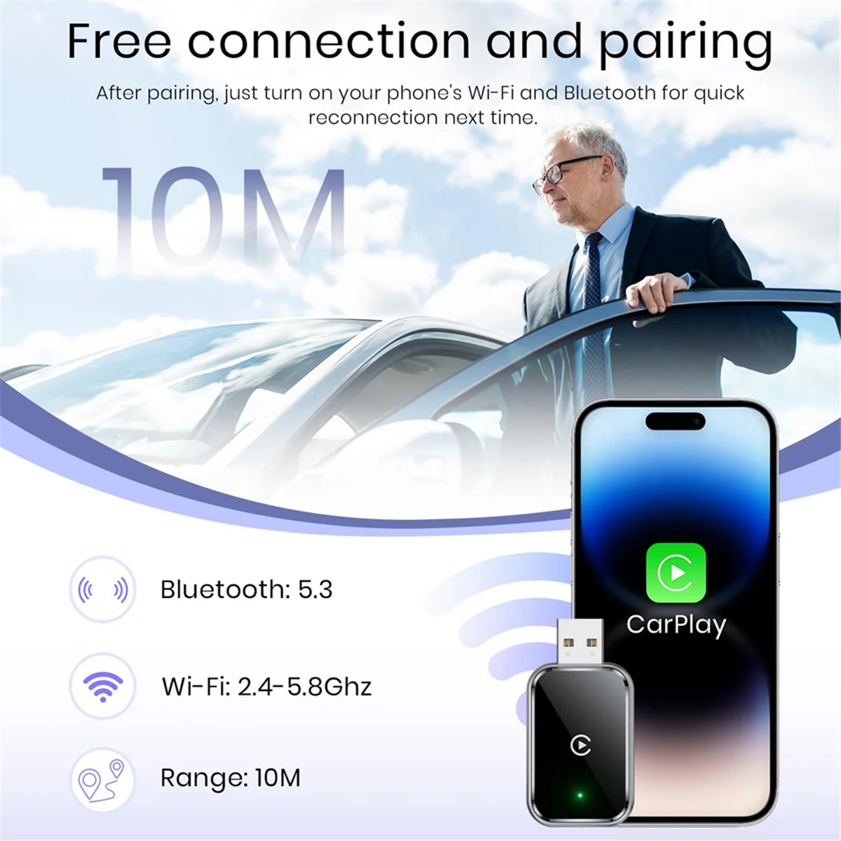 T27C Wireless CarPlay Adapter for IPhone, Convert Wired to Wireless, Mini Size, USB & USB-C, No Delay