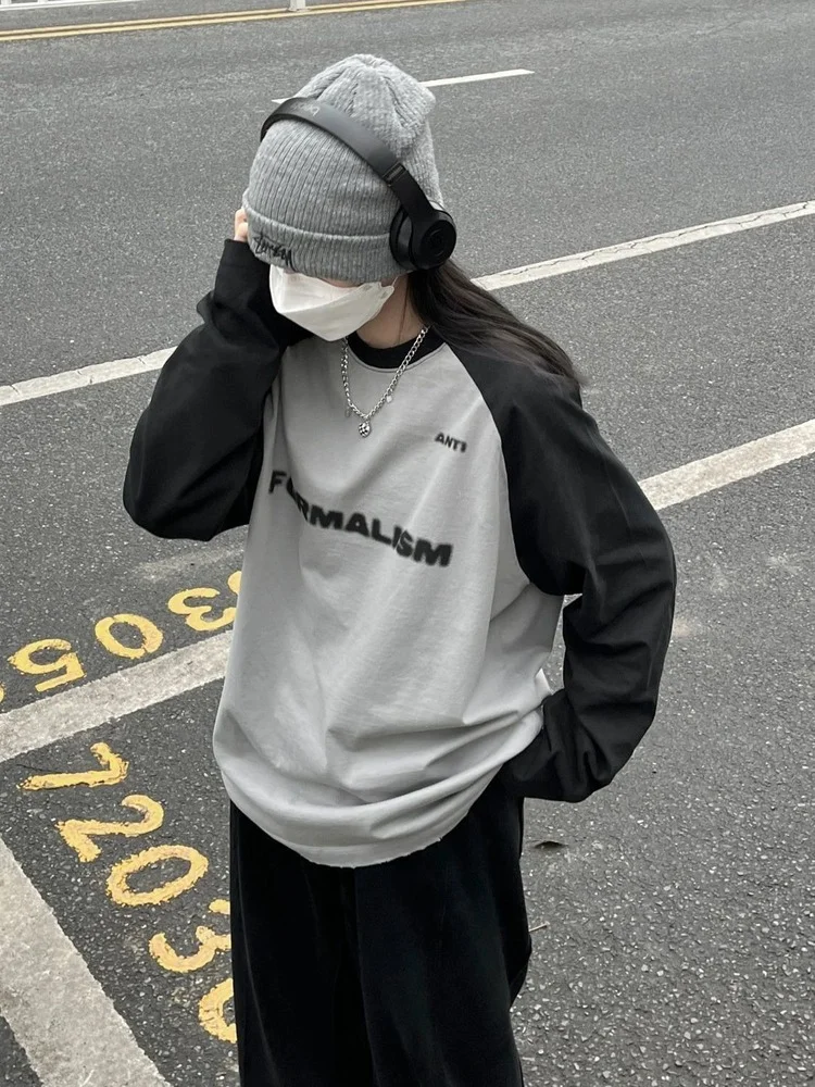 

HOUZHOU Basic Cotton Long Sleeve Gray Tshirt Harajuku Vintage Streetwear Oversize Loose Patchwork T Shirt Korean Top Autumn 2023