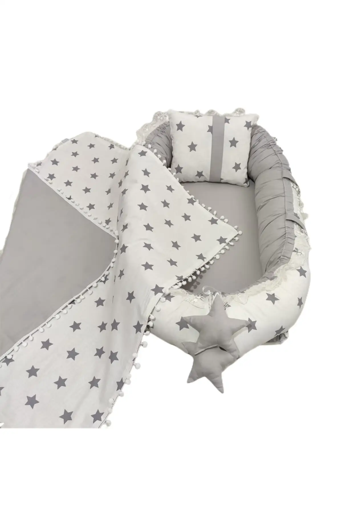 

Babynest And Cheerleaders Gray White Star Patterned Babynest And Pompon Blanket Set Main Embrisk Child Utensils Mom & Baby