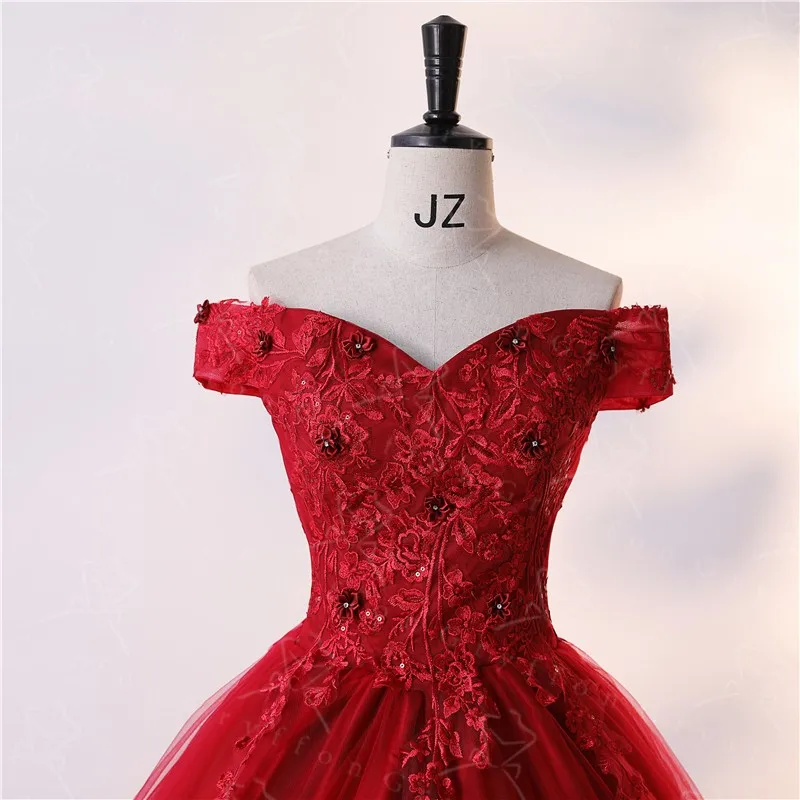 Quinceanera Party Dress New Dark Red Classic Off Shoulder Ball Gown Luxury Lace Sweet Flower Prom Real Photo party dress quinceanera dresses