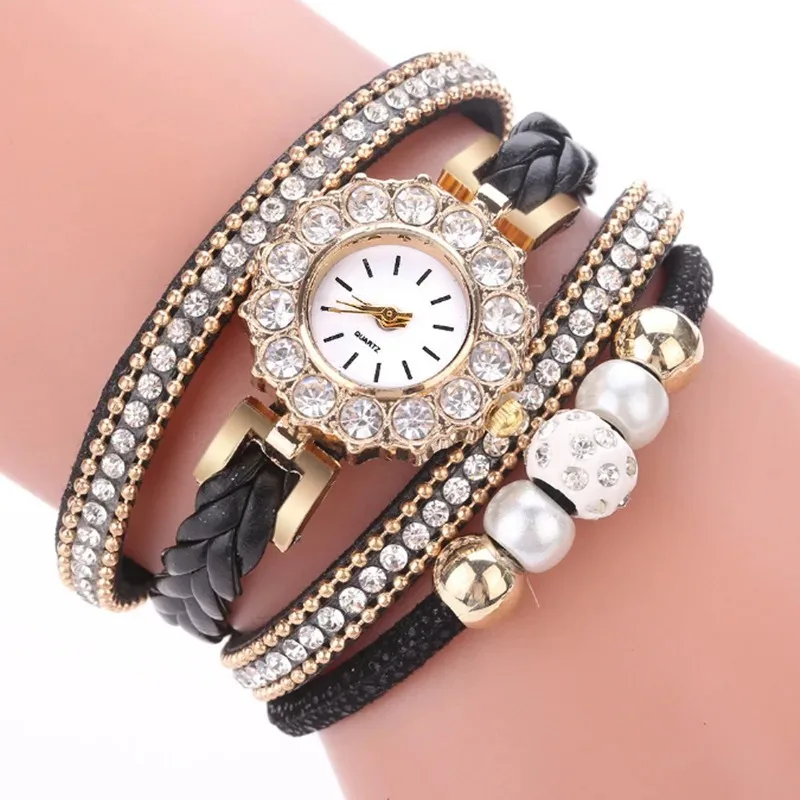 New Women's Vintage Multilayer Rhinestone Leather Bracelet Watches Ladies Quartz Wristwatches Gifts