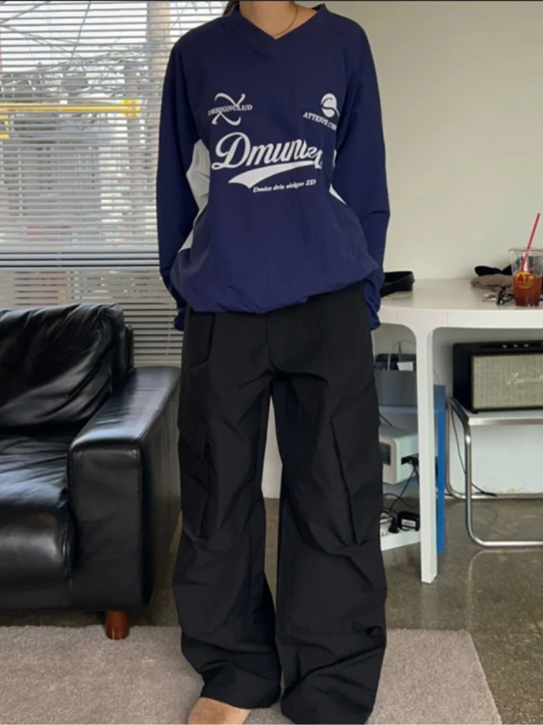 Tee-Color Autumnal ex Loose Long-Sve Nylon Sweatirt with Contrast Letter Print Commuter Sle Regular Fit Streetwear