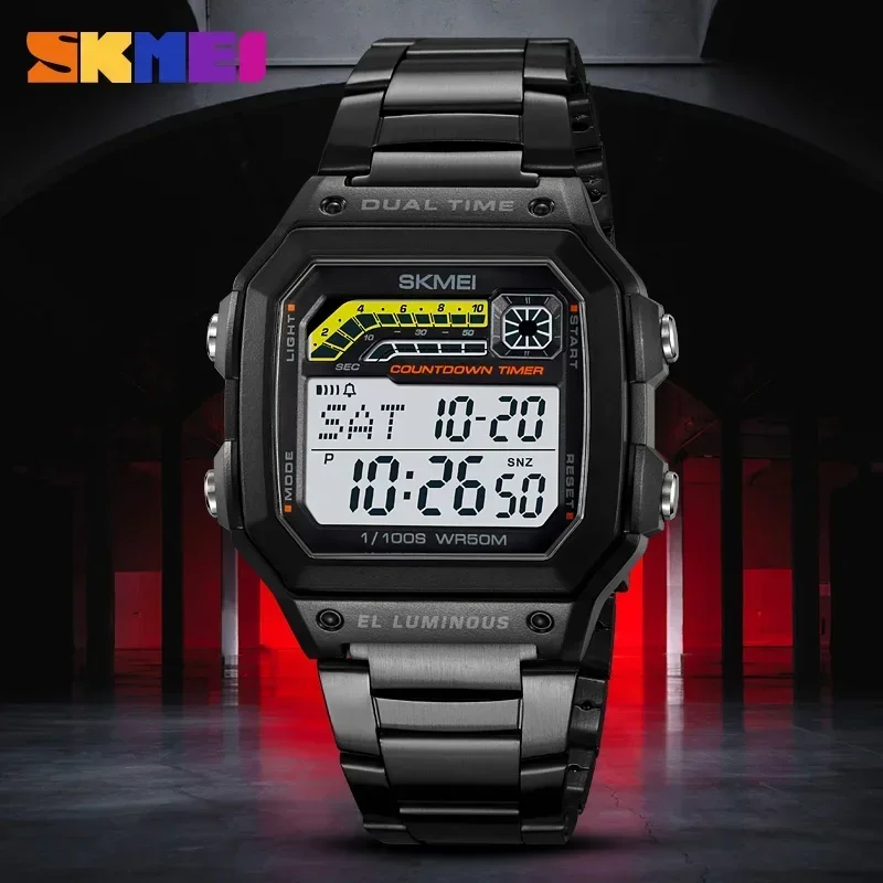 SKMEI 2307 Luxury Countdown LED Display Stainless Steel Mens Wristwatches Waterproof Sports Digital Watch for Men Shockproof