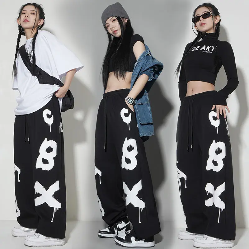 Hip Hop Vintage Women Loose Wide Leg Pants Spring Summer New Thin Letter Elastic Waist Dance Streetwear Sports Casual Trousers