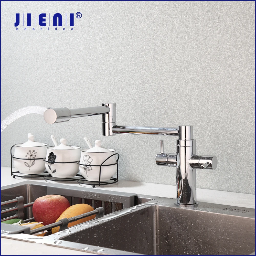 

JIENI 720° Swivel Kitchen Sink Faucet Dual Handle Control Chrome Finish Deck Mounted Stream Water With Folding Mixer Taps