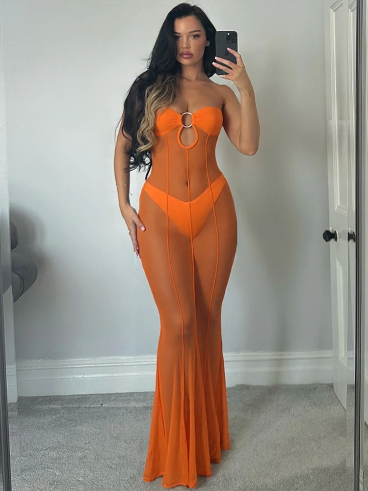 Nibber Mesh Patchwork See Through Maxi Dress Women Sexy Slim Coquette Strapless Elastic Fit Beach Party Vestido Clothing