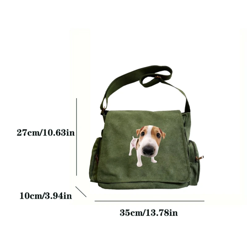 Playful Dog Print Women's Shoulder Bag Army Green Canvas Tote Crossbody Bag Students Book Bag Messenger Bag Unisex Commuting