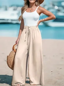 Vacation Style Wide Leg Pants Women's High Waist Elastic Drawstring Design Loose Dipping Straight Casual Beach Pants 1