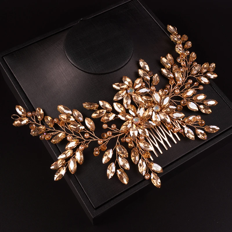 Hair Accessories Bridal Hair Accessories Bride Women Large Crystal Wedding Hair Comb Champagne Bridal Side Comb Full Rhinestone Hair Accessorie for Women and Girls