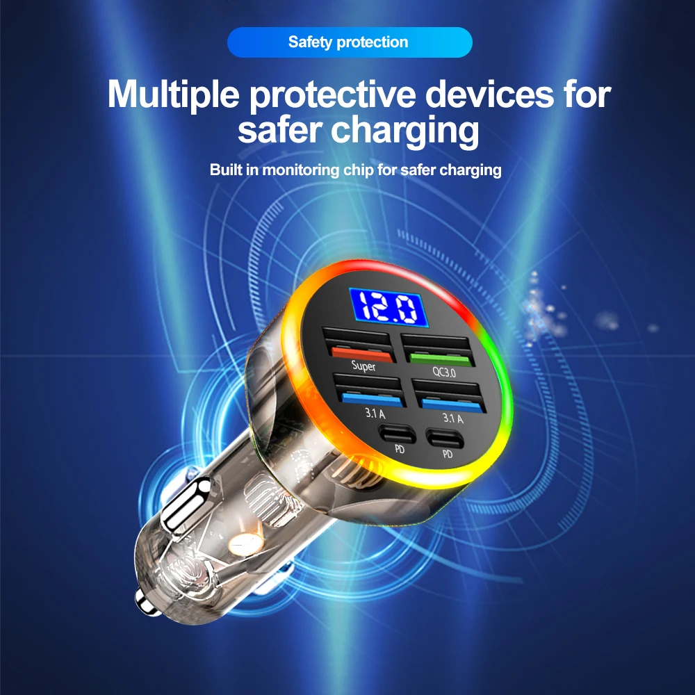 200W MINI Car Charger with Digital Display 6 Ports Fast Charging PD QC3.0 USB Quick Charging Adapter for iPhone Samsung Xiaomi