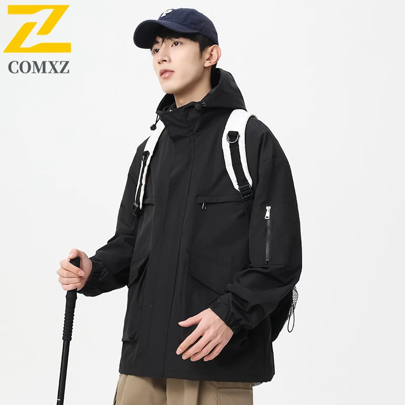 EiAO Jacket Japanese Style Couple's Hooded Red Waterproof Windbreaker Multi-Pocket Techwear Coat for Hiking Camping Fishing 2025