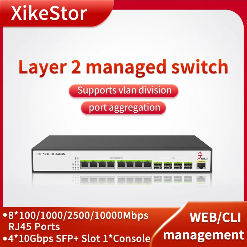 

XikeStor 12 Ports 10G L2 Managed Network Switch 100/1000/2500/10000Mbps RJ45 Ports & 10Gbps SFP+ Slots Vlan & Port Aggregation