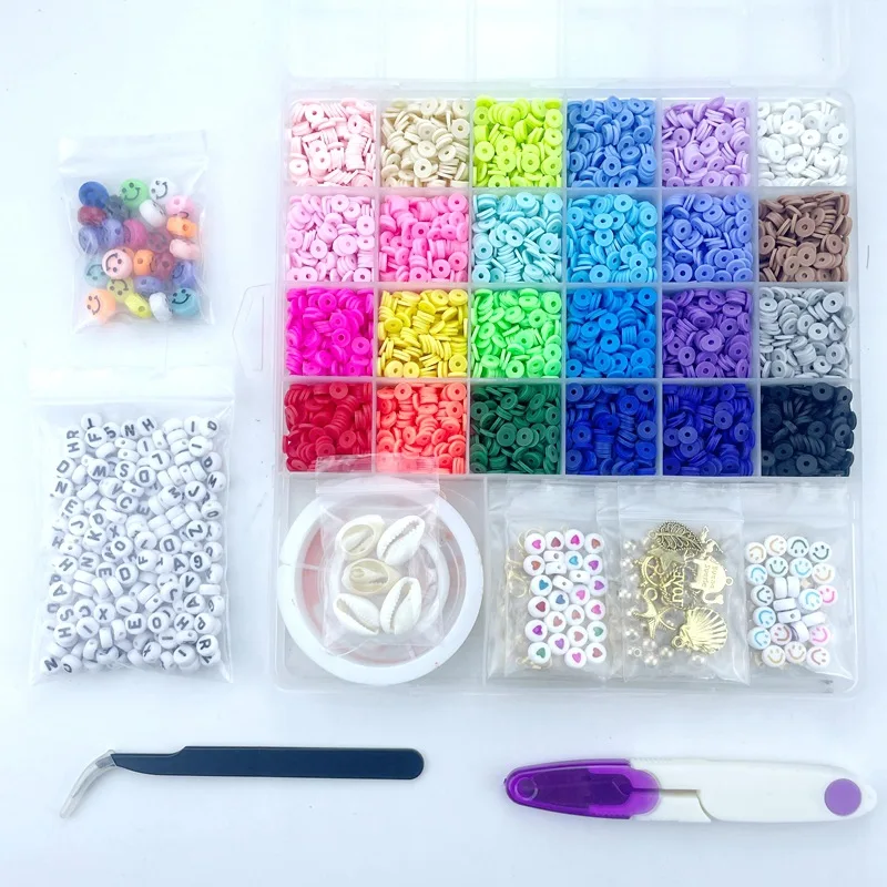 4000pcs Clay Beads for Jewelry Bracelet Making Kit 6mm 24 Colors Flat  Polymer Heishi Beads DIY Craft Kit with Smiley Face Letter Bead Jump Rings  Elastic String Cord Pendant Charms