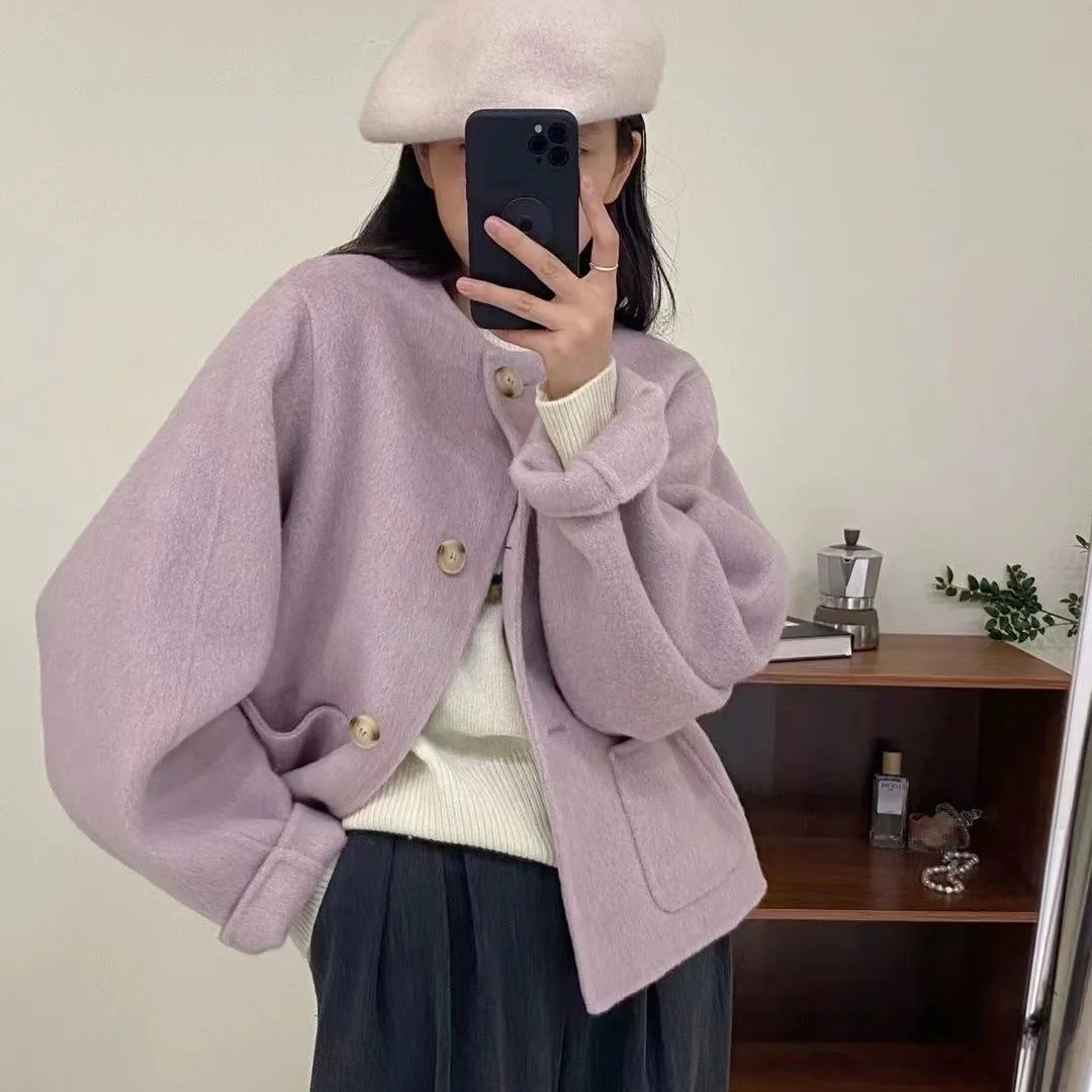 

Spring 2023 Short Woolen Jacket For Women Loose Casual Long Sleeve Coats Single-Breasted Purple Women Jackets