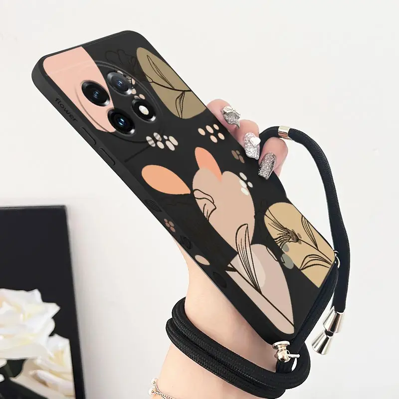 Elegant Artistic Line Flowers Crossbody Lanyard Silicone Phone Case