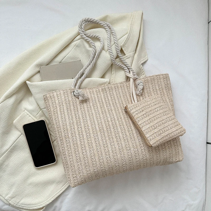 Summer Straw Bags For Women Weaving Totes Ladies Handbags Designer Travel Large Capacity Beach Shoulder Bag With Mini Purse