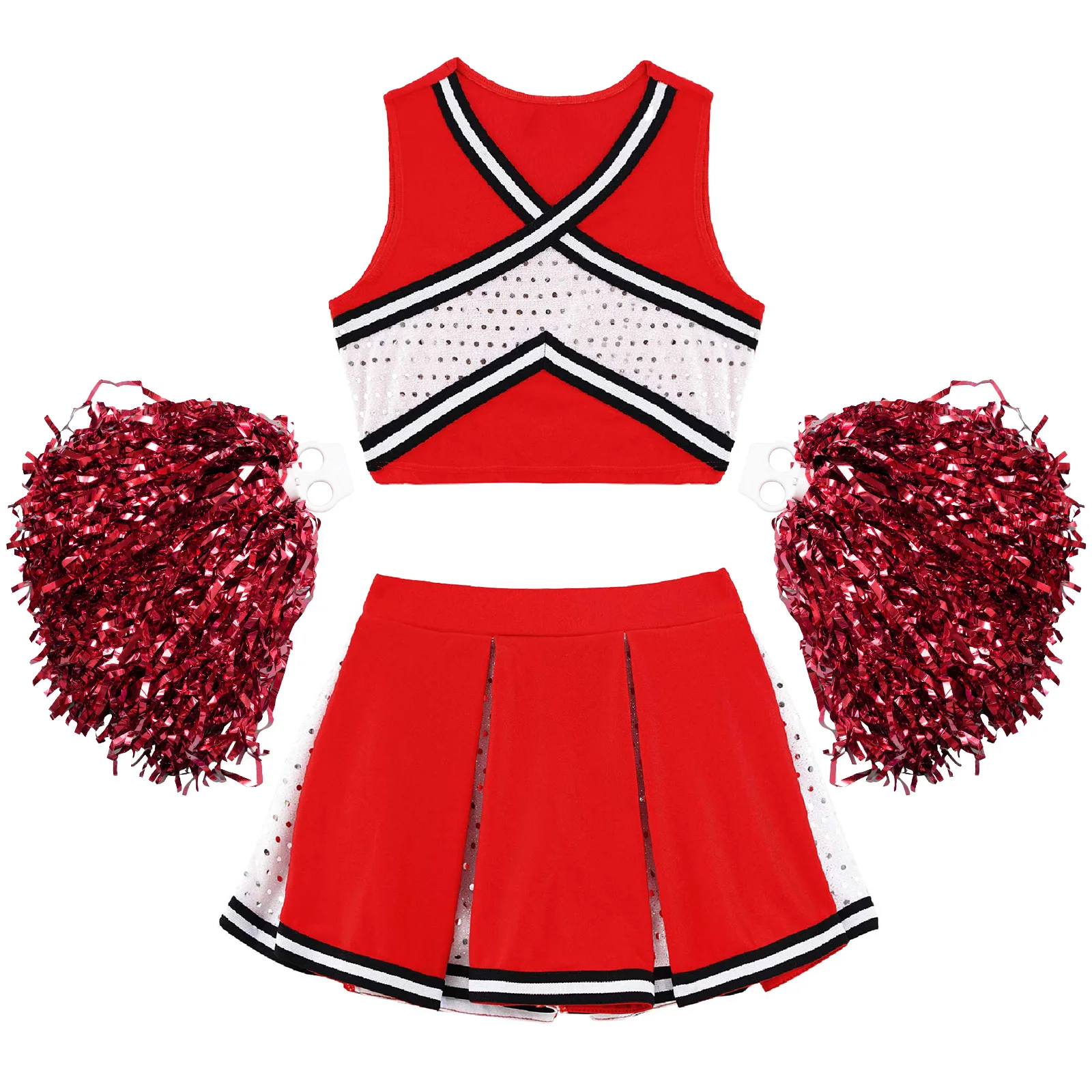 Kids Girls Cheerleading Uniform Dance Costume Striped Front V Neckline Top with Pleated Skirt and 2Pcs Flower Balls children cheerleading costumes