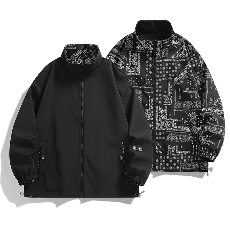 Men Reversible Bomber Stand-up Collar Jacket Autumn Double-Sided Wear Men Windbreaker Technical Coat Oversize Zipper Streetwear