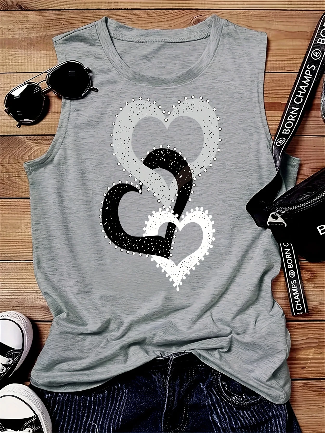 Women's Summer Casual Loose Three Heart One Piece Print Sleeveless Tank Top T-shirt 2