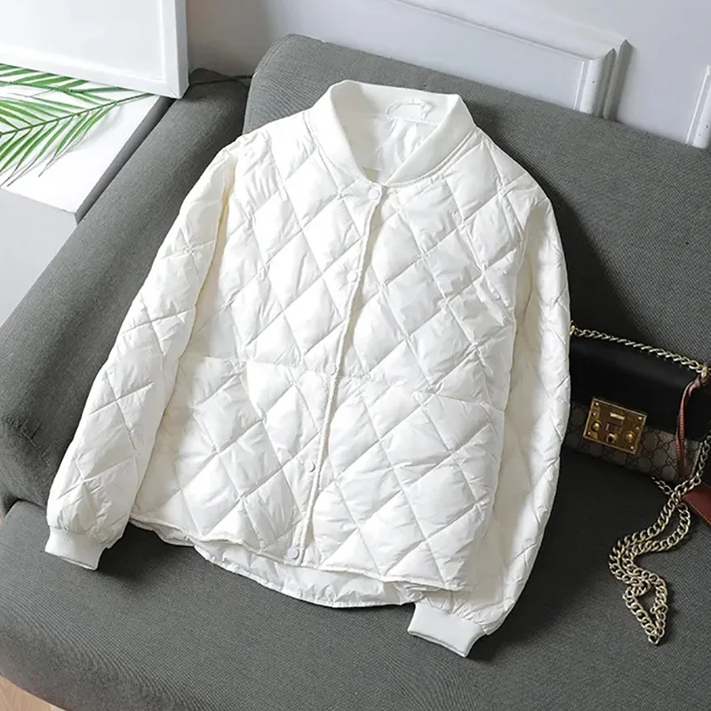 

Casual Ultralight Thin Short Winter Down Jacket Korean Fashion Lozenge Parka Coat Female Streetwear White bomber Jacket Outwear