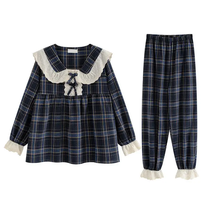 Women Spring Pajamas Korean Lace Pyjamas Long Sleeve Sweet Nightdress Doll Collar Plaid Sleepwear Casual Loose Home Wear Set