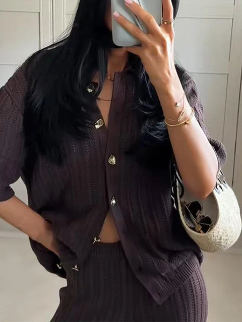 Vintage Knitted Loose Pants Set Women Brown Half Sleeve Lapel Single Breasted Cardigan Straight Trousers 2025 Fashion Solid Suit 3 Vintage Knitted Loose Pants Set Women Brown Half Sleeve Lapel Single Breasted Cardigan Straight Trousers 2025 Fashion Solid Suit 3