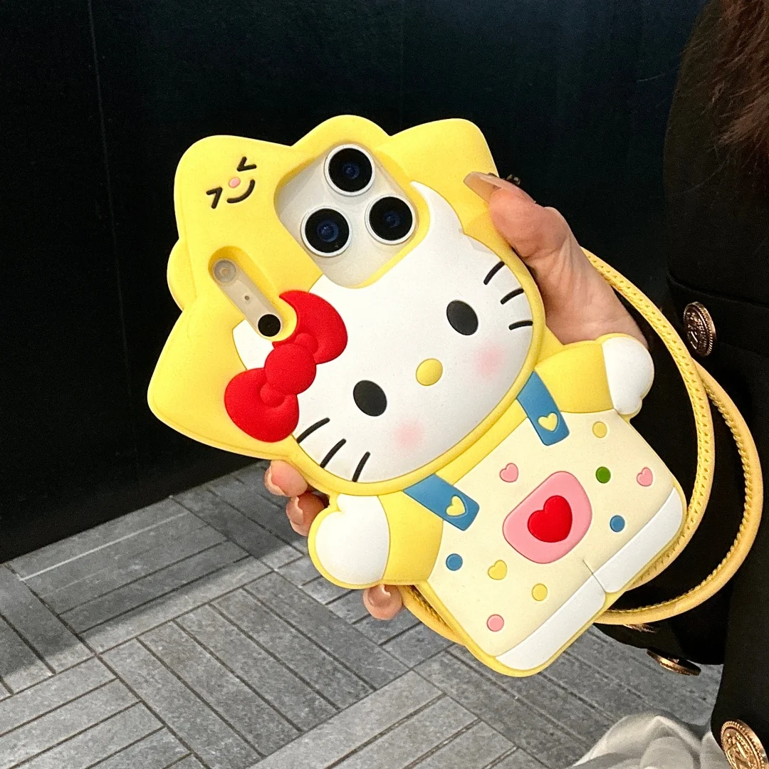 Coque de téléphone antichoc en silicone souple avec cordon, motif Hello Kitty Sanrio 3D mignon, pour iPhone Pro Max Plus