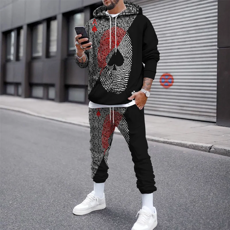 Autumn Winter Men's Hoodies Long Sleeve Trousers Suits Poker 3D Printed Sweatshirt Men Tracksuit 2 Piece Set Pocket Streetwear