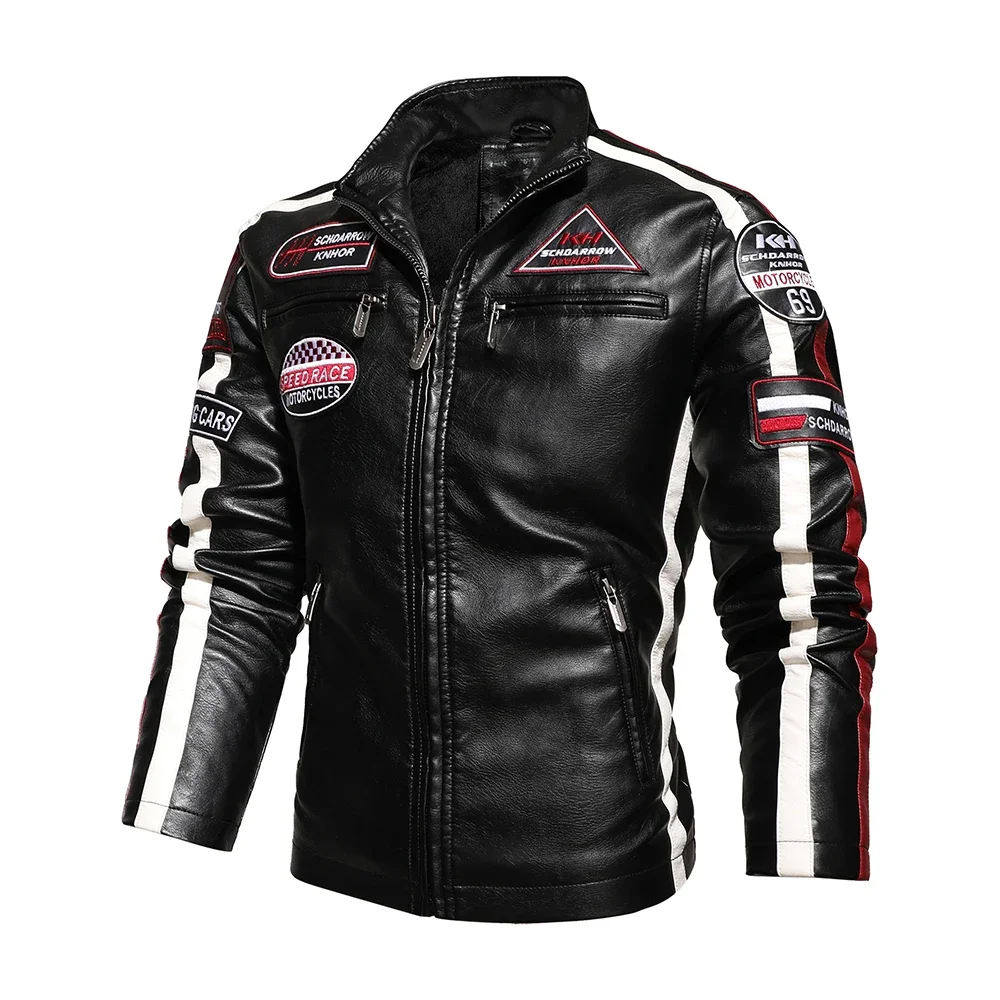 Vintage Motorcycle Jacket Men Fashion New Biker Leather Jacket Male Embroidery Bomber Coat Winter Fleece Pu Overcoat Mens leather jackets men winter jacket
