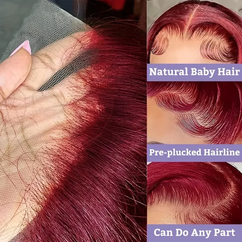 99J Burgundy 13x4 HD Lace Frontal Human Hair Wig Pre Plucked Straight Body Wave Lace Front Human Hair Wigs Glueless For Women 4
